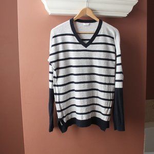 Vince Womens Pullover Sweater Long Sleeve V-Neck Gray/Blue Striped Cotton Size M
